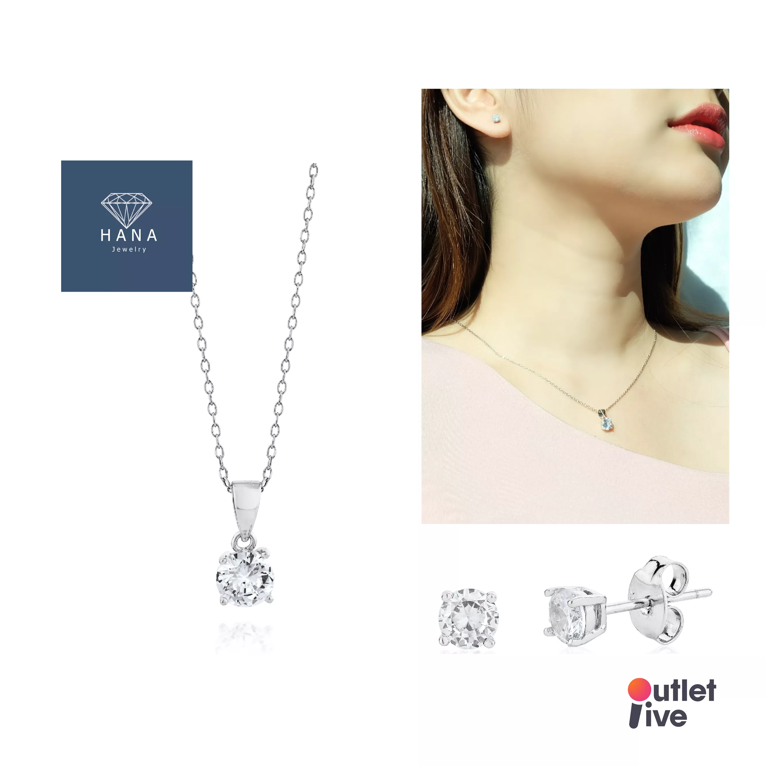 [ฟรีค่าส่ง] 🚒 HANA JEWELRY Box Set Mini RD ชุดเครื่องประดับ (สร้อยคอ + ต่างหู) เพชรเจียรไนทรงกลมเงินแท้ 92.5% 