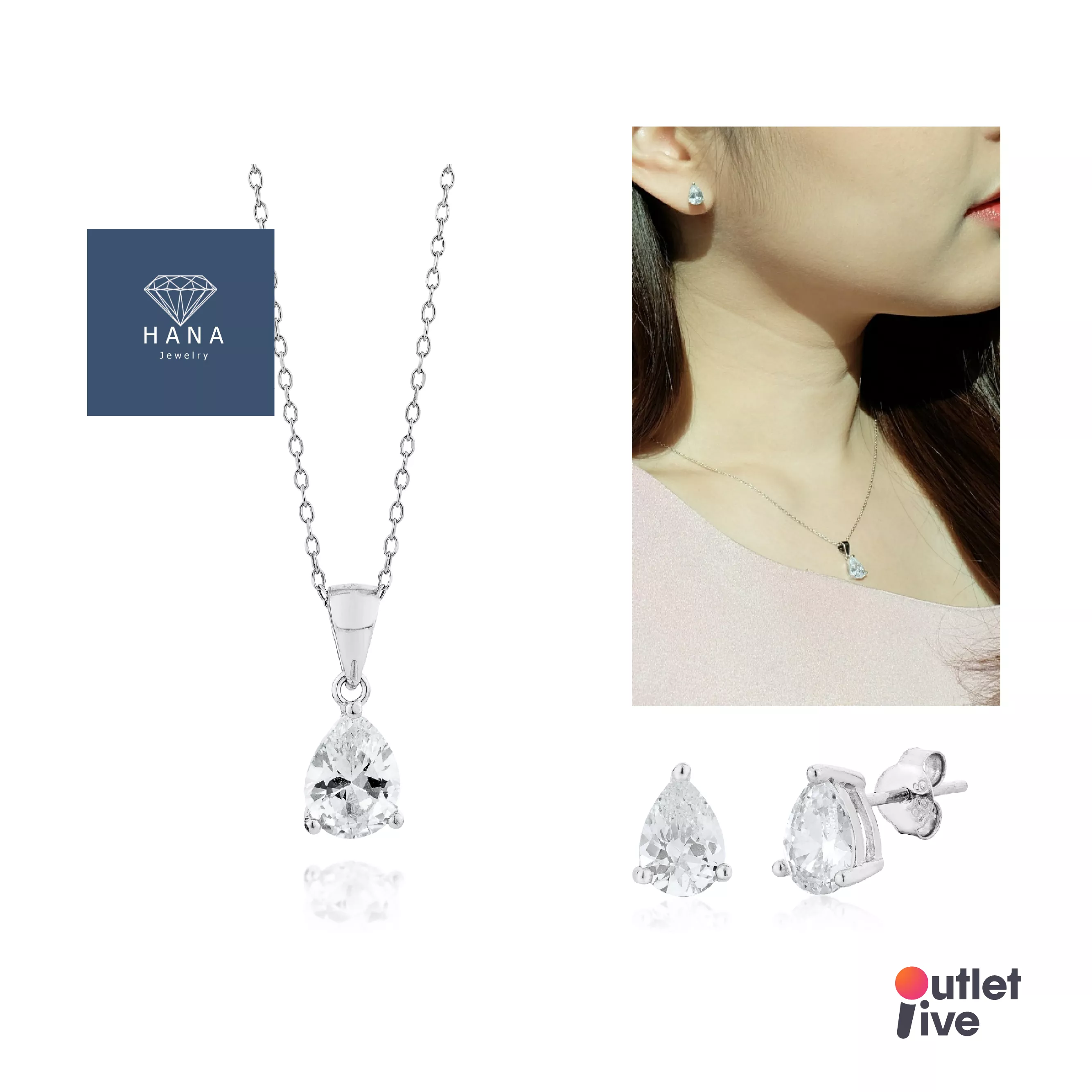 [ฟรีค่าส่ง] 🚒 HANA JEWELRY Box Set Pear Diamonds เครื่องประดับ 1 เซ็ต ได้ 3 ชิ้น (จี้เพชร + สร้อย + ต่างหูเพชร) เงินแท้ 92.5%
