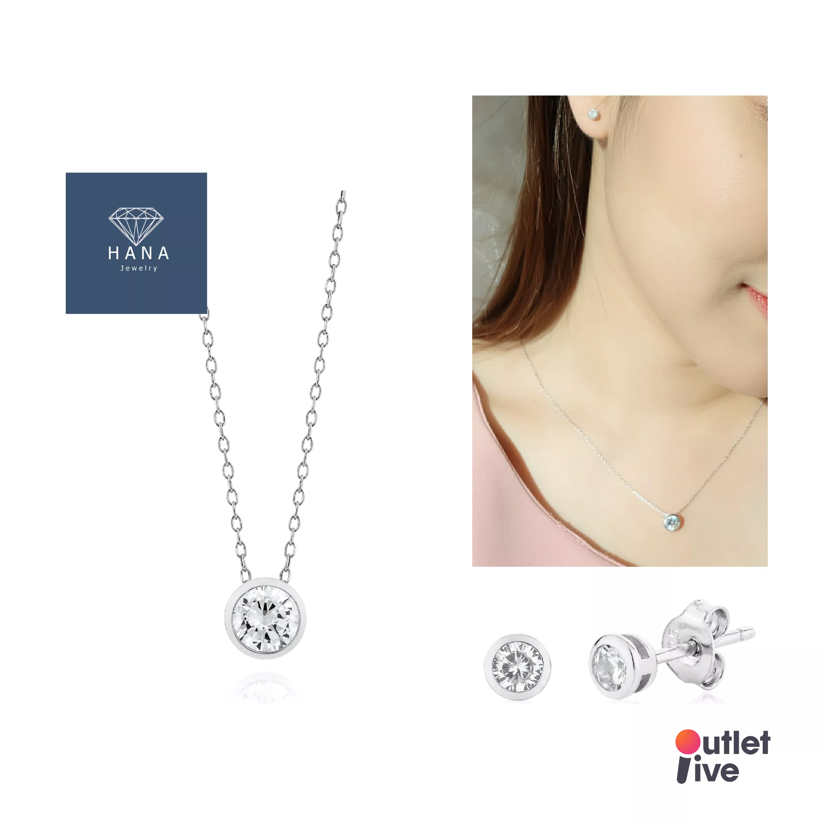[ฟรีค่าส่ง] 🚒 HANA JEWELRY Box Set Mini Bezel ชุดเครื่องประดับ (สร้อยคอ + ต่างหู เพชรเจียรไนทรงกลม)