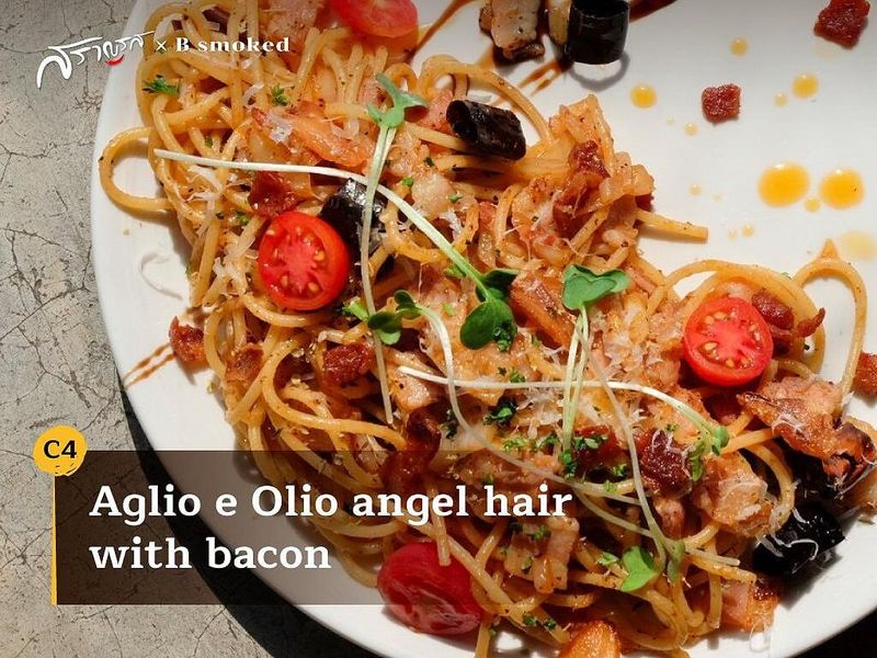 (C4) Aglio e Olio angel hair with bacon  (อากริโย เอะ โอริโย เอนเจิล แฮร์ วิท เบคอน)